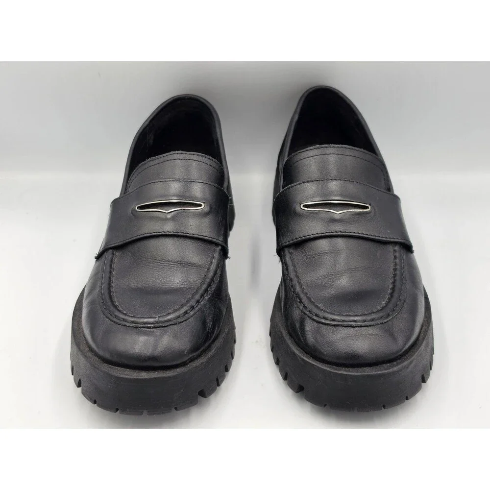 Steve Madden Women Black Leather Chunky Lug Sole Platform Penny Loafers Size 11